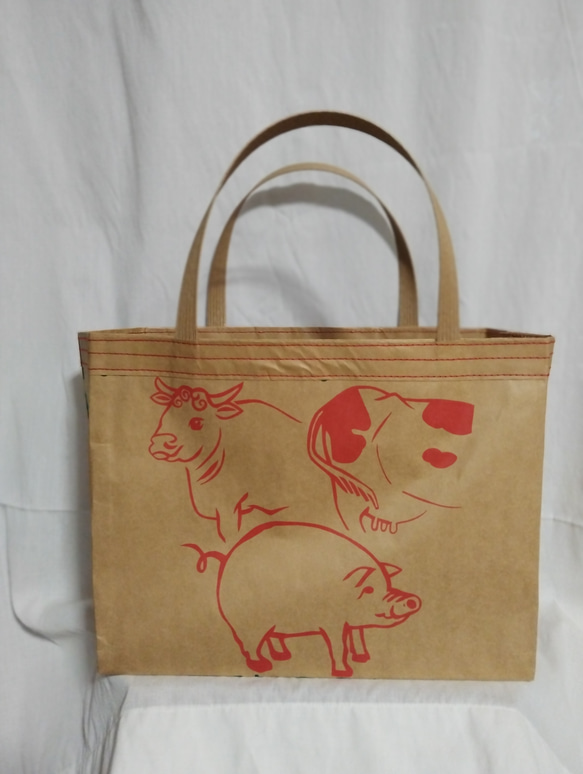 ロス袋バッグ『お袋さん』★1匹と2頭★内ポケット付★赤ステッチ★ 1枚目の画像