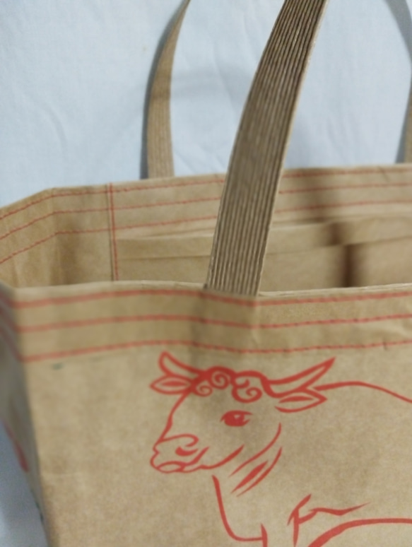 ロス袋バッグ『お袋さん』★1匹と2頭★内ポケット付★赤ステッチ★ 4枚目の画像