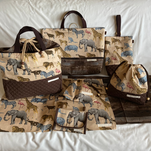 お弁当袋 コップ袋 ナフキン 入園入学セット 3点 動物柄 ベージュ 黄色