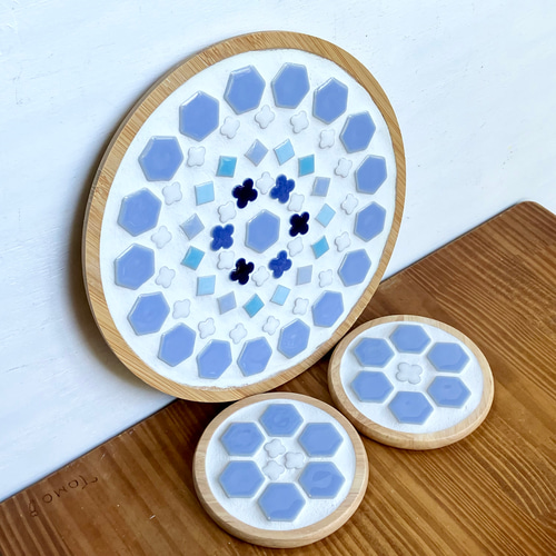 レトロな鍋敷き＆コースターのセット コバルトブルー 木製鍋しき 美濃