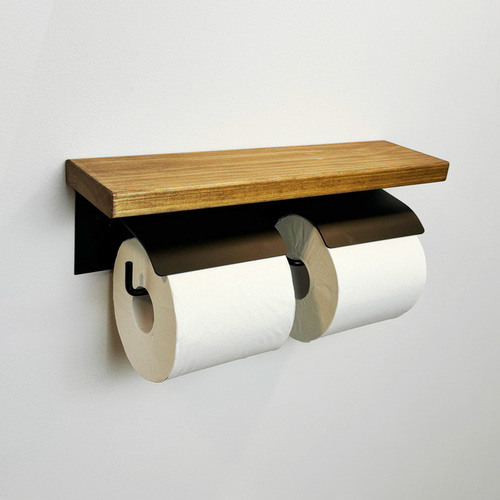 ヒノキ使用］2連 アイアントイレットペーパーホルダー マットブラック