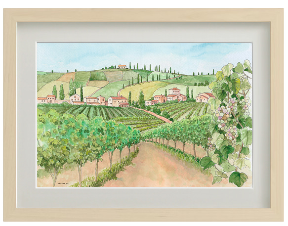 葡萄畑の風景 30×40cm ☆額縁選べる2色 ＊額装付き手書き水彩原画