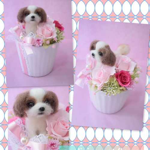 羊毛フェルト　オーダーフラワーバスケット　ワンちゃん 羊毛フェルト ワンちゃん オーダーフラワーバスケット 送料無料 羊毛