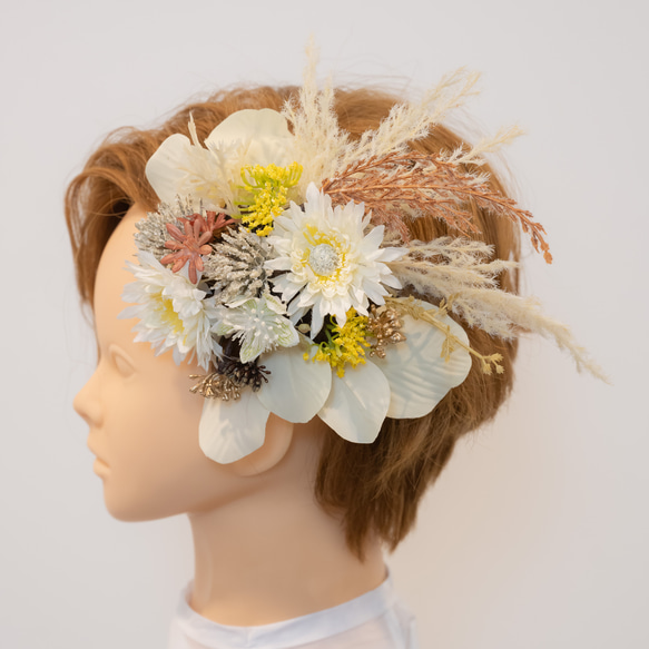 【ショートヘアーやベリーショートの花嫁様に】ドライフラワー風髪飾りG　パンパスグラス・ユーカリのウェディングヘッドドレス 1枚目の画像