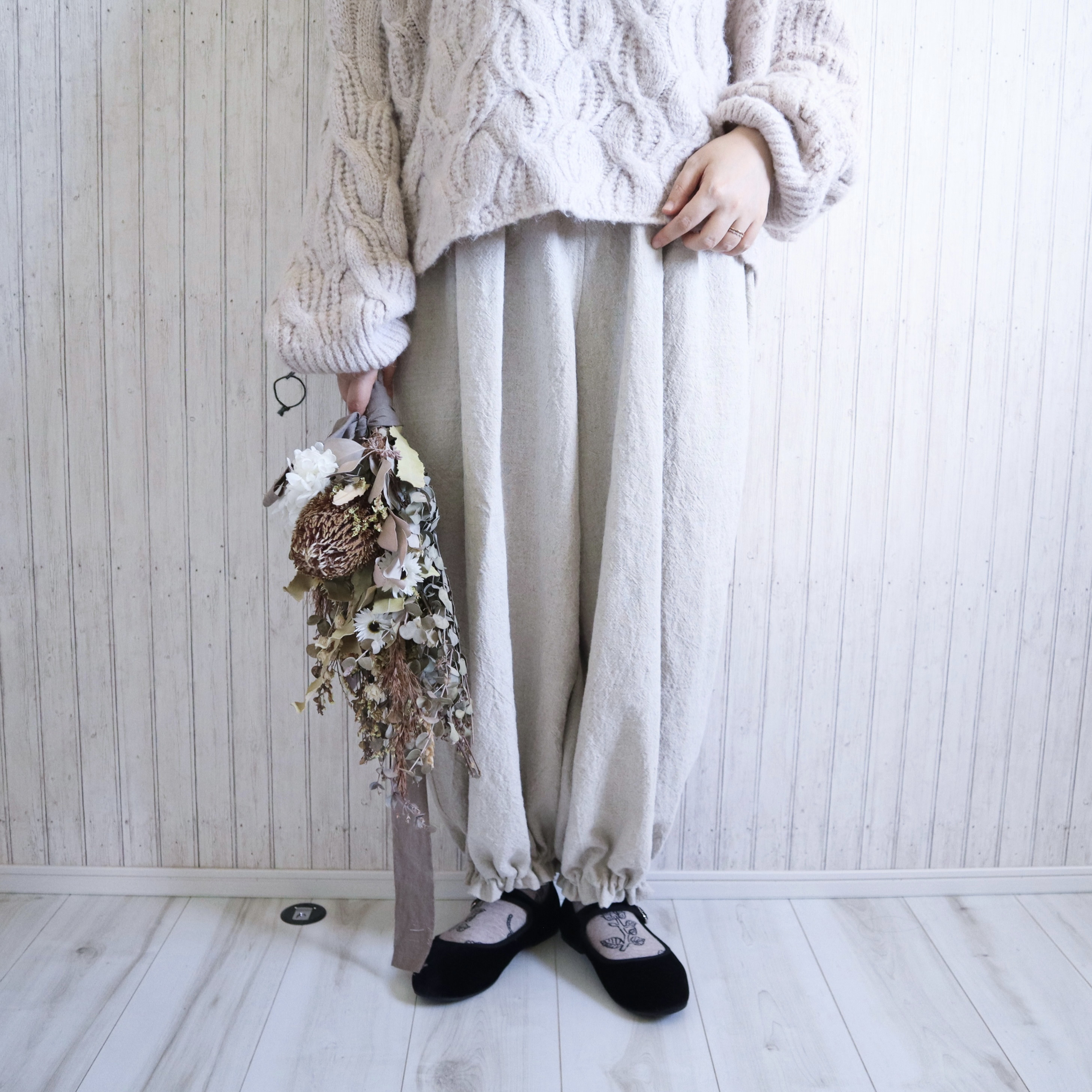 【受注製作】ウィンターリネンのドロワーズパンツ(キナリ)｜低身長さんのためのナチュラル服ELLIE(エリー)
