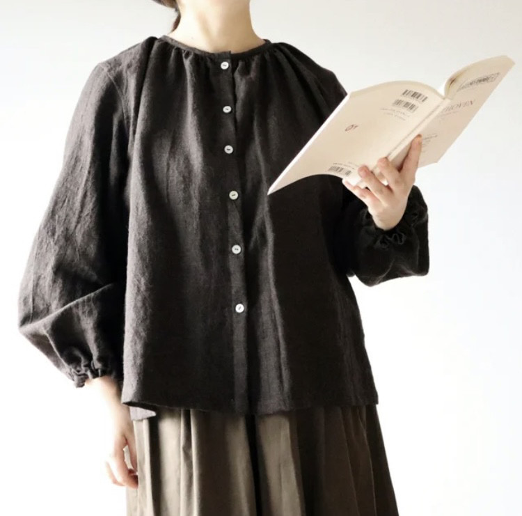 【受注製作】リネンウールのギャザーネックブラウス(ブラウン)｜低身長さんのためのナチュラル服ELLIE(エリー)