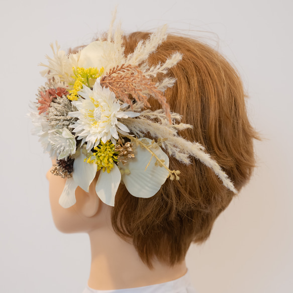 【ショートヘアーやベリーショートの花嫁様に】ドライフラワー風ヘッドパーツG　パンパスグラスのヘッドドレス・髪飾り 3枚目の画像