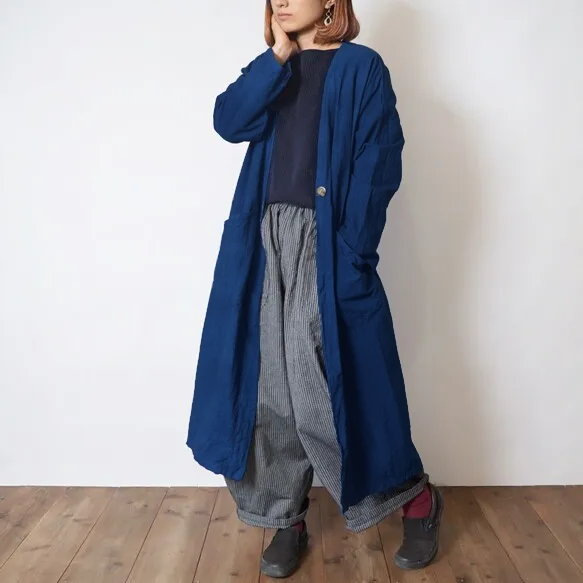 【福袋】コットン羽織りガウン/インディゴ ＋ よろけ縞バルーンパンツ/グレー