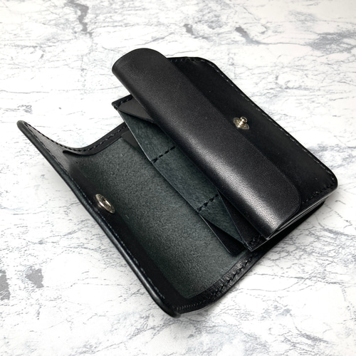本革 ミニ財布 栃木レザー 黒×黒 メンズ 小銭入れ付き コンパクト財布 ミニ財布 メンズ 本革 栃木レザー 使いやすい ミニウォレット 革