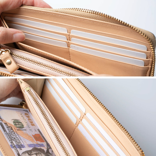 毛付きレザー L字型長財布 大容量 本革 アニマル 千鳥柄 ヒョウ