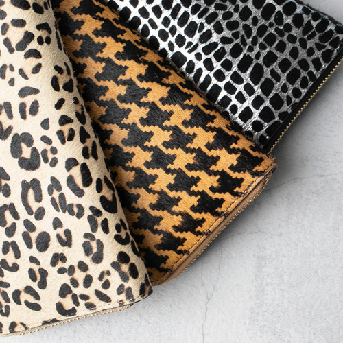 毛付きレザー L字型長財布 大容量 本革 アニマル 千鳥柄 ヒョウ