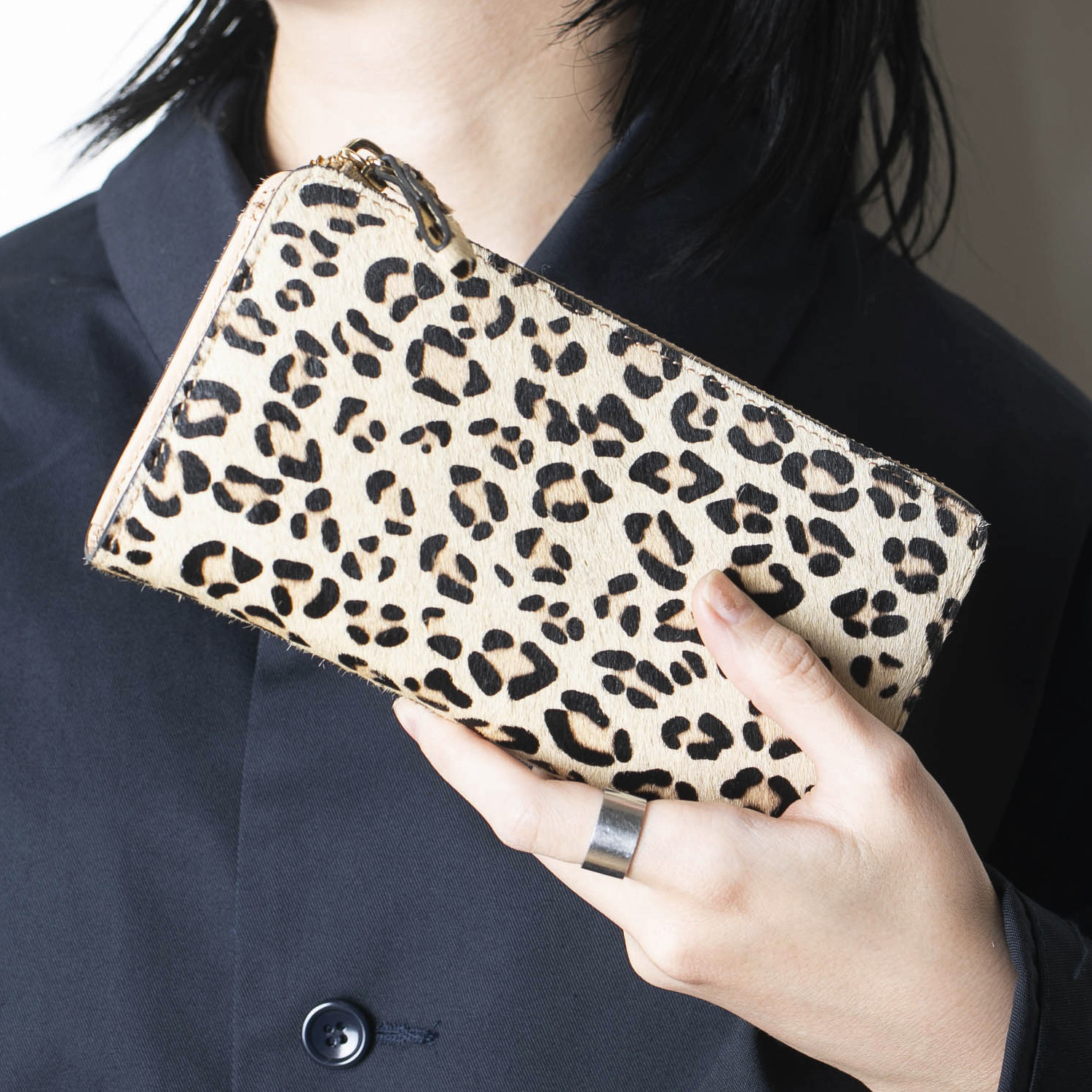 毛付きレザー L字型長財布 大容量 本革 アニマル 千鳥柄 ヒョウ