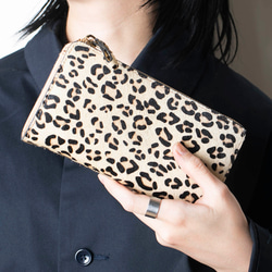 毛付きレザー L字型長財布 大容量 本革 アニマル 千鳥柄 ヒョウ