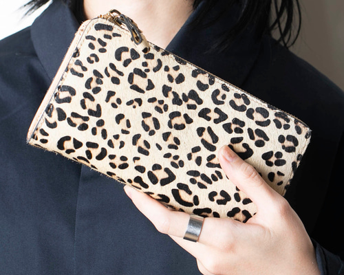 毛付きレザー L字型長財布 大容量 本革 アニマル 千鳥柄 ヒョウ