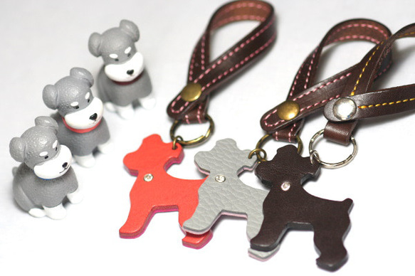 シュナウザーバッグチャームキーホルダー・3色・ピンク・グレー・こげ
