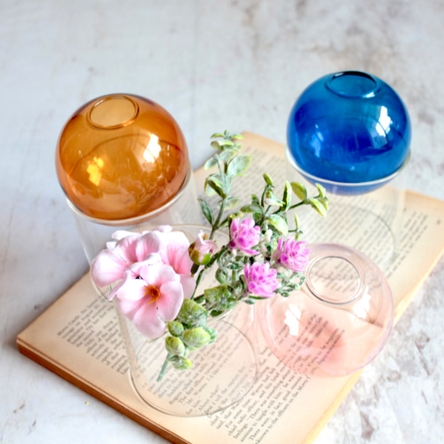 造花ミニブーケセットガラスボールのフラワーベースアレンジ 一輪挿し