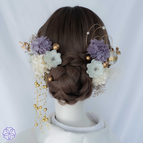 ＊ぷらすしゅがー＊様ご検討用＊上品パープルの髪飾りお花イメージ 白×紫 枝垂れパールの髪かざり WP08 白無垢 成人式 卒業式 結婚