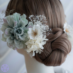 髪飾り　桜と紫陽花の髪かざり　くすみブルーグリーン　成人式　卒業式　結婚式　振袖　着物　和装　ヘアアクセサリー　 6枚目の画像