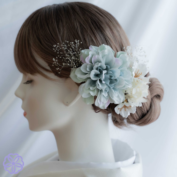 髪飾り　桜と紫陽花の髪かざり　くすみブルーグリーン　成人式　卒業式　結婚式　振袖　着物　和装　ヘアアクセサリー　 2枚目の画像