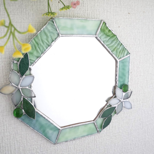 ✴︎:年末まで10％割引♪ リップルグリーンの八角形の鏡♪ （size20