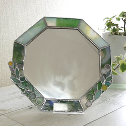 *✴︎:.｡グリーンの八角形鏡　オリーブモチーフ♪　（19.5size/Max22）ステンドグラス 8枚目の画像