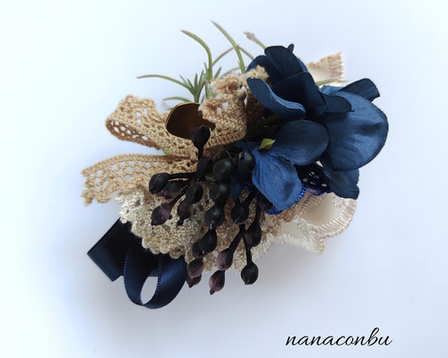 antique*フラワーのポニーフック【navy】 ポニーフック・ヘアカフス