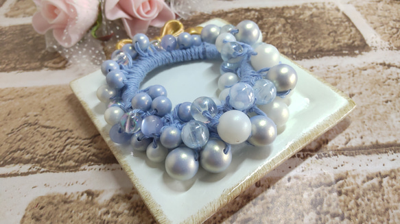 ハンドメイド お花 シュシュ ヘアゴム フラワー ビーズ ピンク