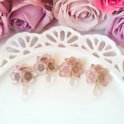 アネモネブーケのローズクォーツ AAAイヤリング/ピアス アクセサリー