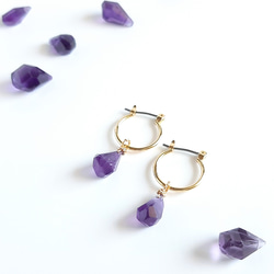 天然石紫水晶原石水滴 2way 環形耳環/耳環 第5張的照片