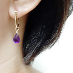天然石紫水晶原石水滴 2way 環形耳環/耳環 第9張的照片