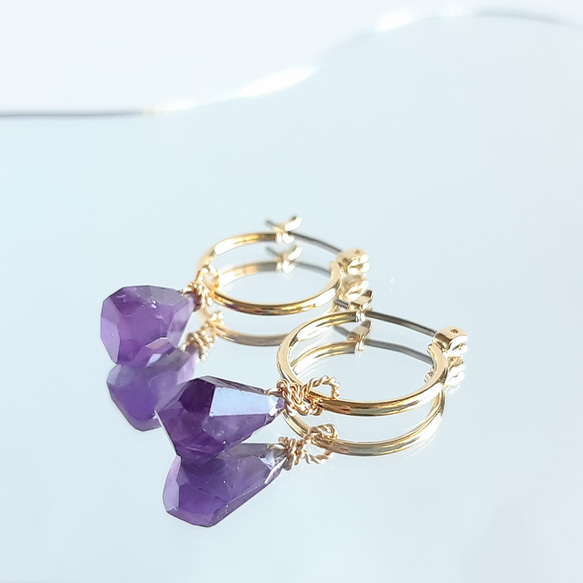 天然石紫水晶原石水滴 2way 環形耳環/耳環 第15張的照片