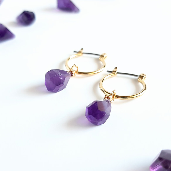 天然石紫水晶原石水滴 2way 環形耳環/耳環 第4張的照片