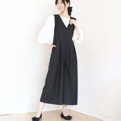 春季秋季【條紋】黑色羊毛束腰背帶褲 第5張的照片