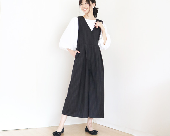 春季秋季【條紋】黑色羊毛束腰背帶褲 第5張的照片