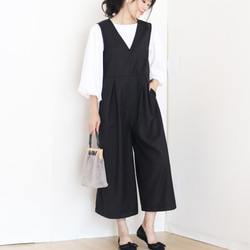 春季秋季【條紋】黑色羊毛束腰背帶褲 第2張的照片