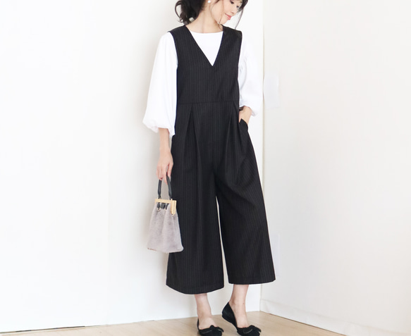 春季秋季【條紋】黑色羊毛束腰背帶褲 第2張的照片