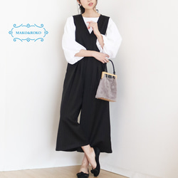 春季秋季【條紋】黑色羊毛束腰背帶褲 第1張的照片