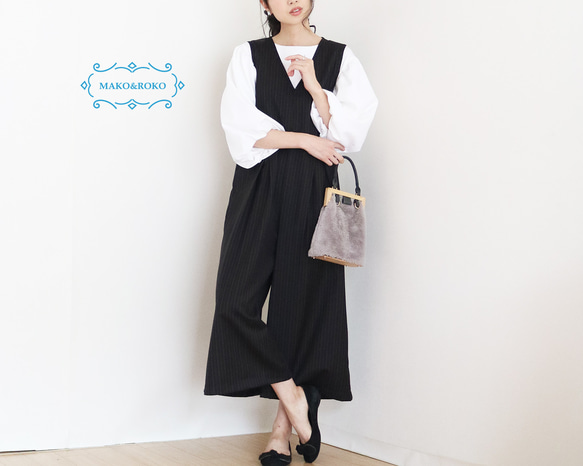 春季秋季【條紋】黑色羊毛束腰背帶褲 第1張的照片