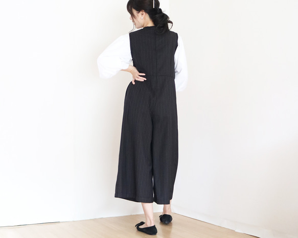 春季秋季【條紋】黑色羊毛束腰背帶褲 第4張的照片