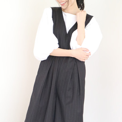 春季秋季【條紋】黑色羊毛束腰背帶褲 第3張的照片