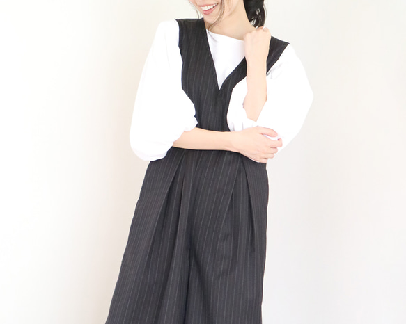 春季秋季【條紋】黑色羊毛束腰背帶褲 第3張的照片