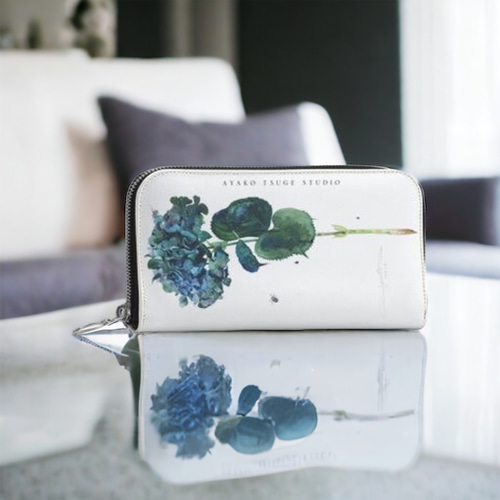 ハンドメイド レザー 長財布 花柄 ターコイズ装飾