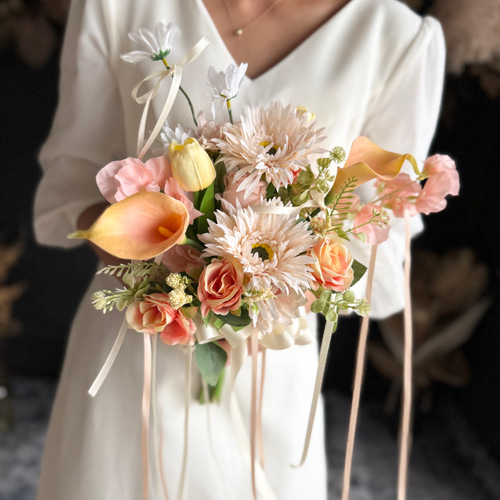 サーモンピンク×リボンクラッチブーケ☆ブートニア ブーケ ほうき星