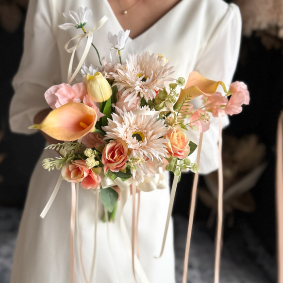 サーモンピンク×リボンクラッチブーケ☆ブートニア ブーケ ほうき星