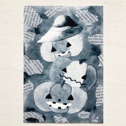 透明水彩画3枚セット「モノトーンハロウィン」北欧イラストポストカード　ハロウィンカード　メッセージカード　かぼちゃ　 1枚目の画像