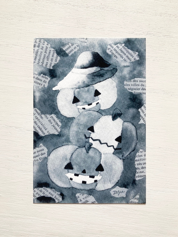 透明水彩画3枚セット「モノトーンハロウィン」北欧イラストポストカード　ハロウィンカード　メッセージカード　かぼちゃ　 1枚目の画像
