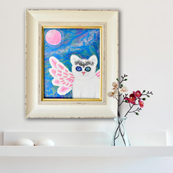 【 広がる愛 】宇宙ねこ　白猫　メッセージアート　ヒーリング　宇宙　天使　月　太陽　額入り 1枚目の画像