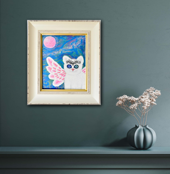 【 広がる愛 】宇宙ねこ　白猫　メッセージアート　ヒーリング　宇宙　天使　月　太陽　額入り 12枚目の画像