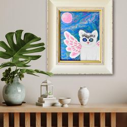 【 広がる愛 】宇宙ねこ　白猫　メッセージアート　ヒーリング　宇宙　天使　月　太陽　額入り 9枚目の画像