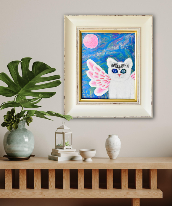 【 広がる愛 】宇宙ねこ　白猫　メッセージアート　ヒーリング　宇宙　天使　月　太陽　額入り 9枚目の画像